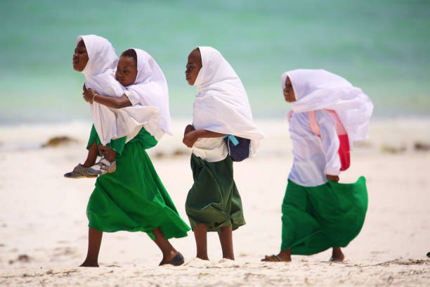 Kiwengwa Beach, Zanzibar, Tanzania - January 10, 2017: Group of schoolgirls walking home from school along beach in Zanzibar Island