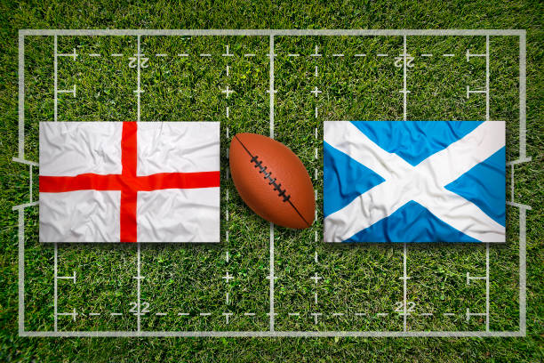 istock England vs. Scotland flags on rugby field 647334024