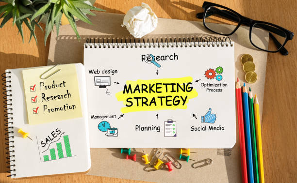 istock Notebook with Toolls and Notes about Marketing Strategy 647336276