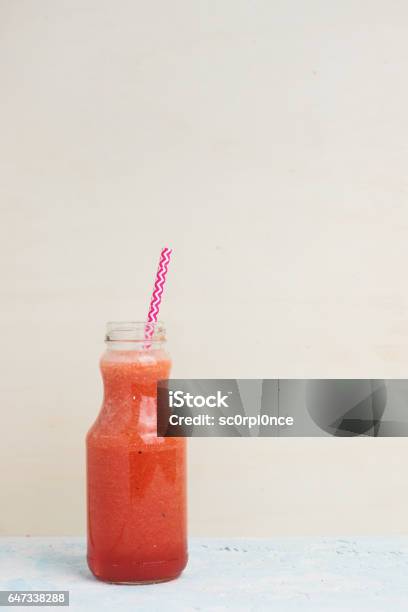 Healthy Watermelon Strawberry Smoothie With Paper Straw Stock Photo - Download Image Now