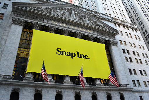 Banner on the New York Stock Exchange marking the Initial Public Offering of Snap Inc., the parent company of the popular social media site Snapchat.