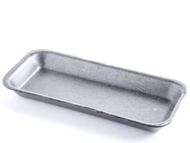 istock Black empty food tray. Isolated on white 647343676