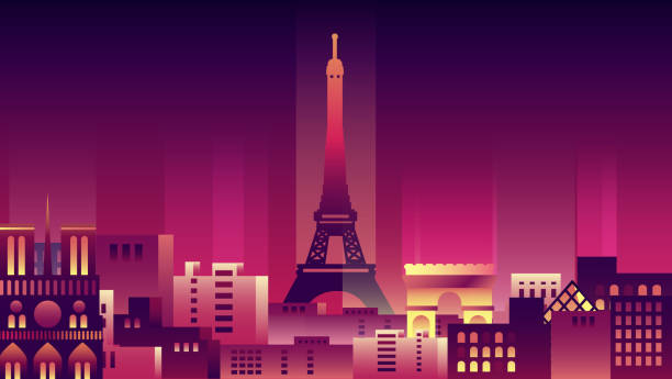 fransa şehir gece neon tarzı mimari binaları şehir ülke seyahat - paris illüstrasyonlar stock illustrations