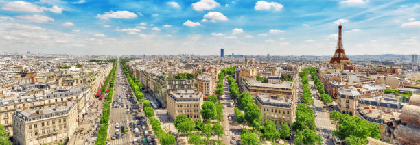 Beautiful panoramic view of Paris from the roof of the Triumphal Arch. Champs Elysees and the Eiffel Tower. stock photo