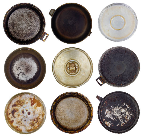 Space planets from the old kitchen burned-down frying pans set. Isolated abstract collage
