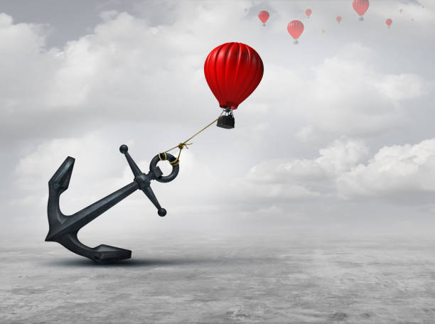 Held Back Held back metaphor as a large anchor holding or oppressing an air balloon and restricting movement as a suppression business metaphor  from aspiring to succeed with 3D illustration elements. exploitation stock pictures, royalty-free photos & images
