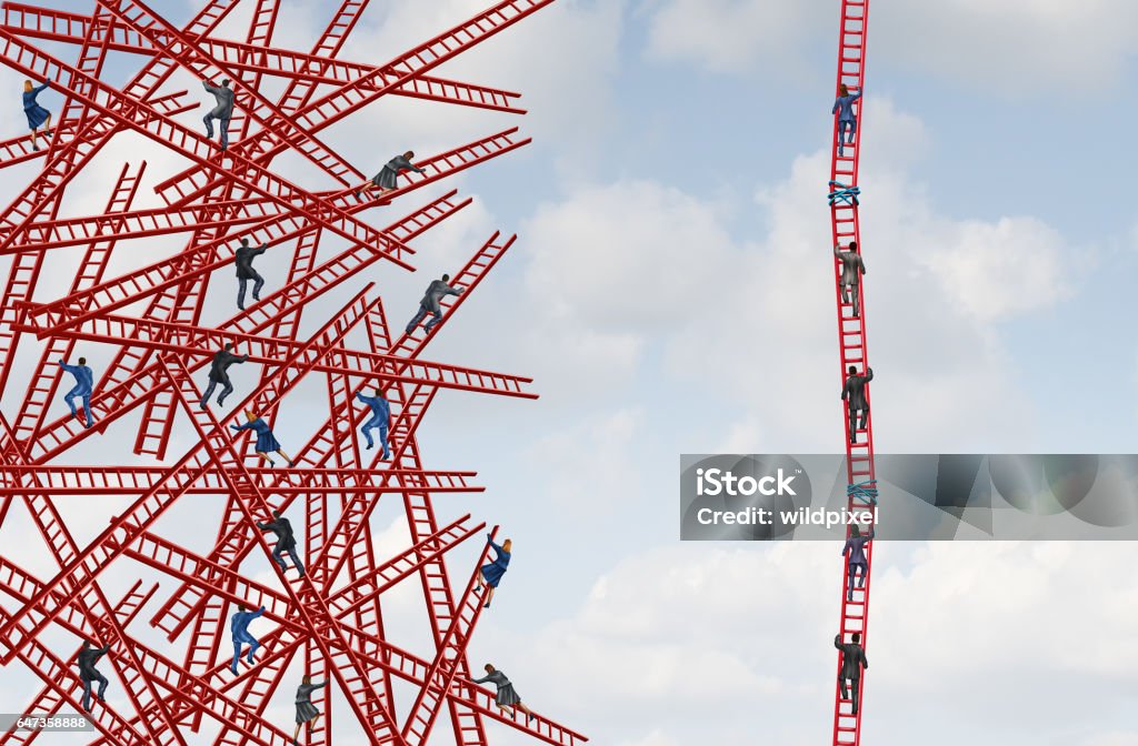 Organized Business Organized business concept as a group of confused people on tangled ladders in chaos with another organization working together as a coordinated team to form an efficient solution with 3D illustration elements. Chaos Stock Photo