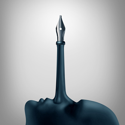 False advertising concept as a trust symbol of a pinocchio long nose of a liar with a pen nib tip as a metaphor for misinformation or fiction writing with 3D illustration elements.