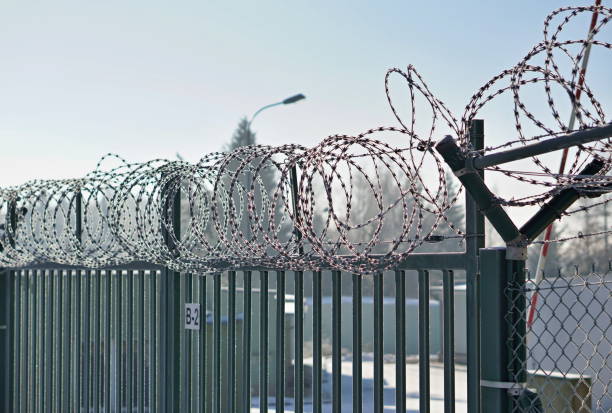 istock Metal fence with a sharp barbed wire on the top 647363406