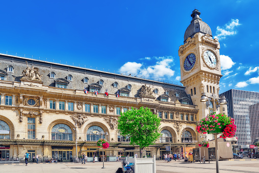 Paris, France - July 09, 2016 :  Station Gare de Lyon is one of the oldest and most beautiful train stations in Paris. Outdoor view city views of one of the most beautiful cities in the world  - Paris.