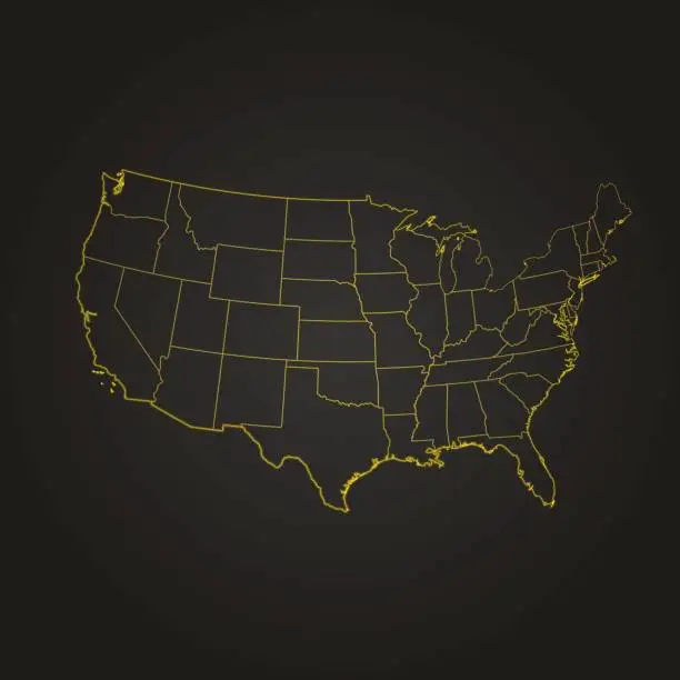 Vector illustration of USA light yellow glow map on black dark background