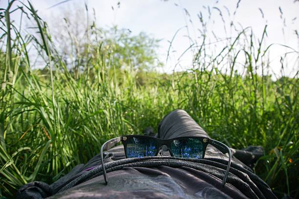 istock Midsection Of Person With Sunglass Lying Down On Grassy Field 647376889