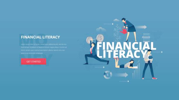 Financial literacy hero banner Vector illustrative hero banner of financial education. Educational hero website header with young men and women characters around word 'financial literacy' over digital world map financial literacy stock illustrations