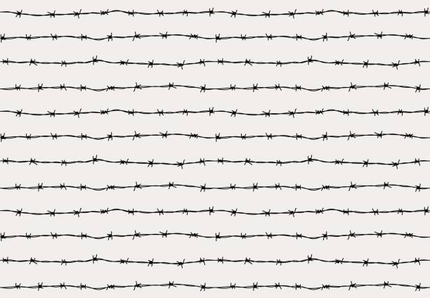 stalowy zardzewiały wzór bez szwu z drutu kolczastego - barbed wire wire war prison stock illustrations