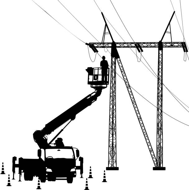 Electrician, making repairs at a power pole. Vector illustration Electrician, making repairs at a power pole. Vector illustration. electricity silhouettes stock illustrations