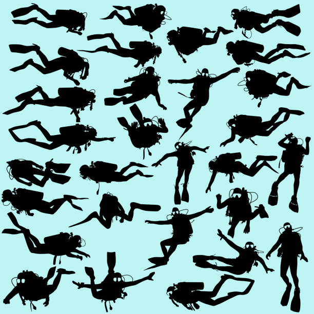Set black silhouette scuba divers. Vector illustration vector art illustration