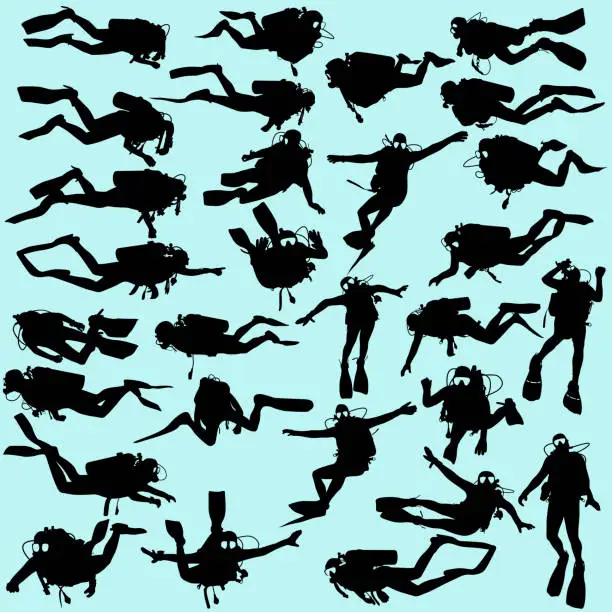 Vector illustration of Set black silhouette scuba divers. Vector illustration