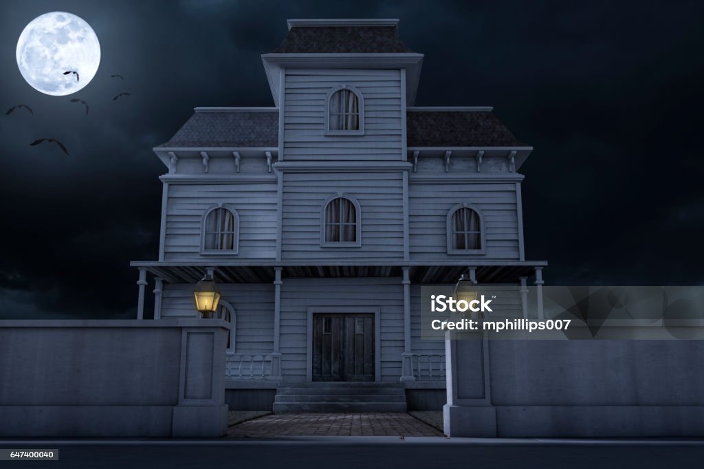 Halloween Haunted House Mansion A Halloween haunted house / mansion at night with a full moon and bats. House Stock Photo