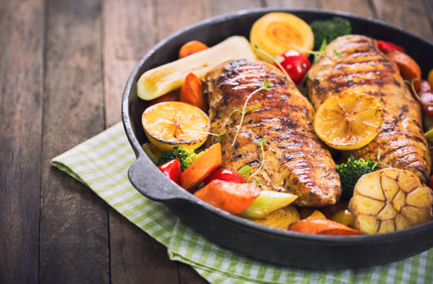 istock Grilled chicken breast and vegetables in the pan 647405508