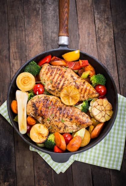 istock Grilled chicken breast and vegetables in the pan 647405534
