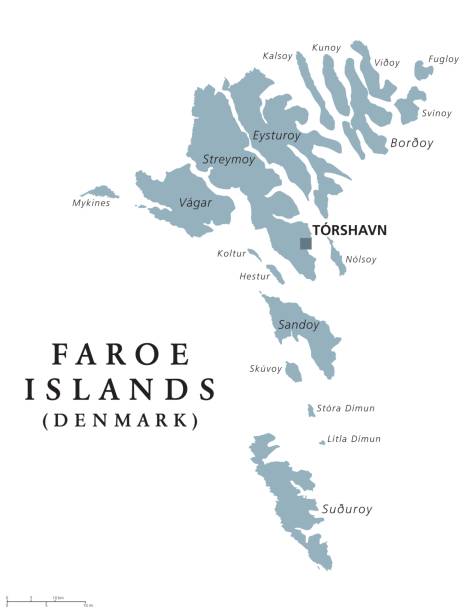 Faroe Islands political map Faroe Islands political map with capital Torshavn, also the Faeroes. Autonomous country and part of  the Kingdom of Denmark. Archipelago in North Atlantic. Gray illustration. English labeling. Vector. eysturoy stock illustrations