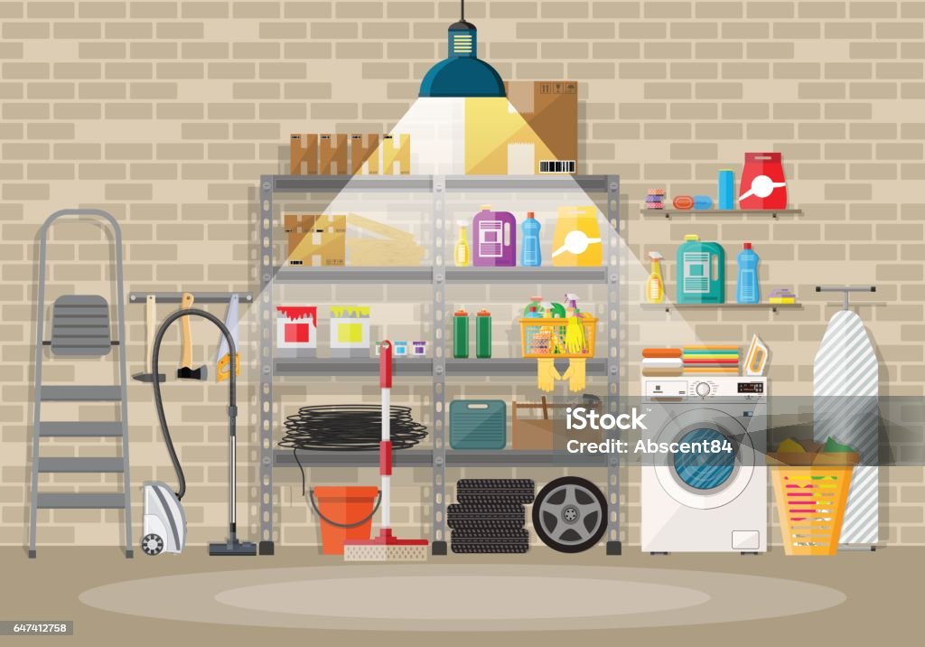 Interior of modern storeroom Interior of modern storeroom with metal shelves, storage, boxes, stair, wheels, cleaning accessories, washing machine, iron board, vacuum. Light lamp. Brick wall. Vector illustration in flat style Basement stock vector