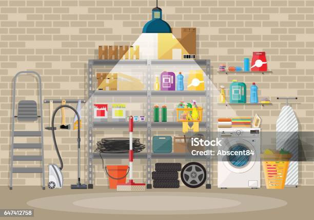 Interior Of Modern Storeroom Stock Illustration - Download Image Now - Basement, Garage, Cellar