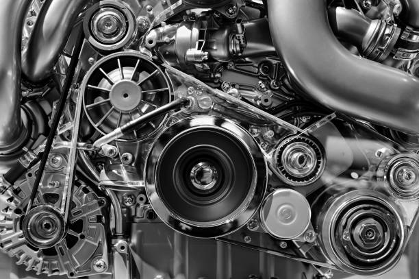 Car engine in monochrome Car engine, concept of modern vehicle motor with metal, chrome, plastic parts, heavy industry, monochrome automobile industry stock pictures, royalty-free photos & images