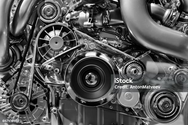Car Engine In Monochrome Stock Photo - Download Image Now - Engine, Automobile Industry, Racecar