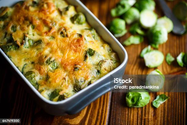 Brussels Sprouts Baked In Sauce With Cheese Stock Photo - Download Image Now - Brussels Sprout, Casserole, Cheese