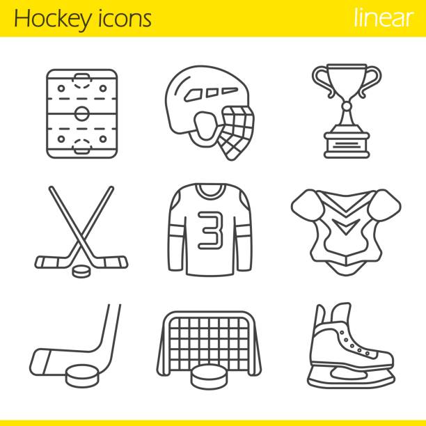 Hockey equipment icons Hockey equipment linear vector icons. Thin line. Helmet, puck and sticks, shirt, shoulder pad, gate, skate, winner's trophy, rink hockey stock illustrations