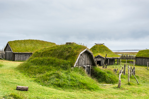 Typical Viking's village. Wooden houses near Vestrahorn mountains on the Stokksnes Peninsula, Hofn, Iceland