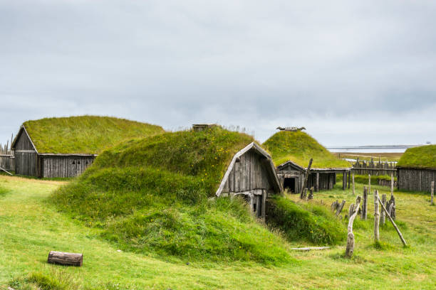 typowa wioska wikingów. drewniane domy w pobliżu gór vestrahorn na półwyspie stokksnes, hofn, islandia - wiking zdjęcia i obrazy z banku zdjęć