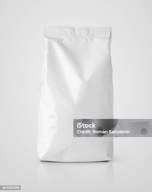 Snack Blank White Paper Bag Package On Gray Stock Photo - Download Image Now - Paper Bag, Template, Sack