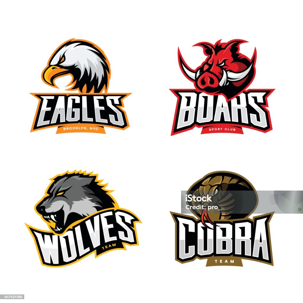 Furious cobra, wolf, eagle and boar sport vector logo concept set isolated on white background. Furious cobra, wolf, eagle and boar sport vector logo concept set isolated on white background.  Logo stock vector