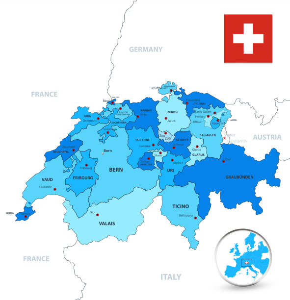 ilustrações de stock, clip art, desenhos animados e ícones de blue colors switzerland divisions map - map switzerland swiss culture zurich