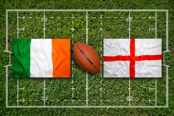 Ireland vs. England flags on green rugby field