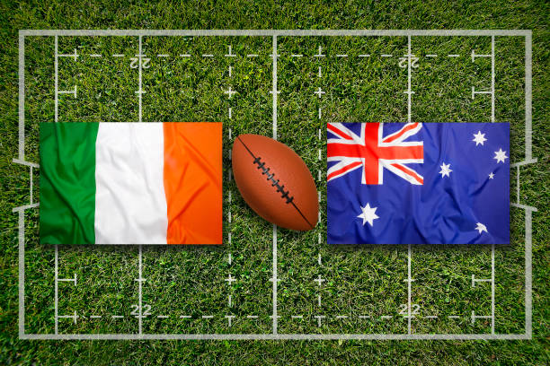istock Ireland vs. Australia flags on rugby field 647444986