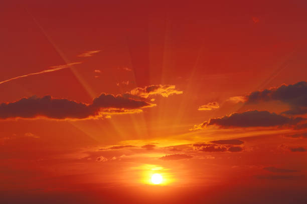 istock Bright red sunrise in the dark sky 647445028
