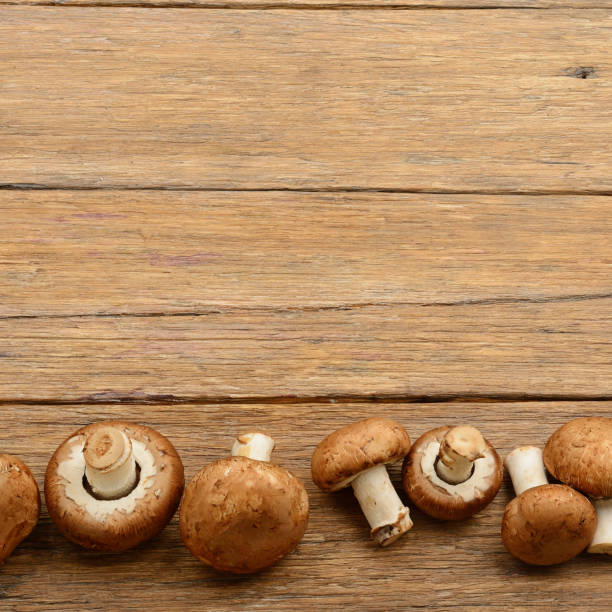 istock Champignon mushrooms on old wooden table. Top view. 647445036