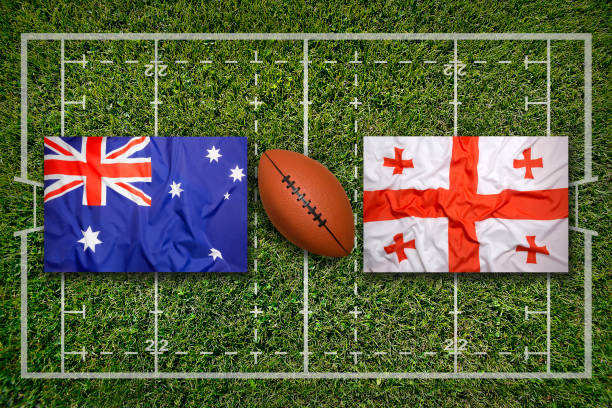 istock Australia vs. Georgia flags on rugby field 647445104