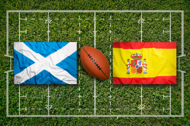 istock Scotland vs. Spain flags on rugby field 647445244