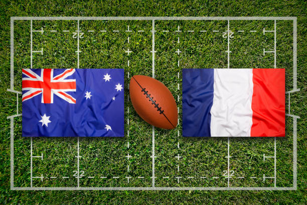 istock Australia vs. France flags on rugby field 647448010