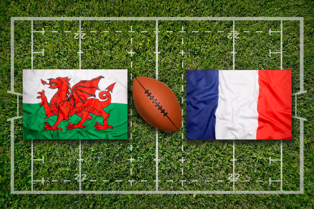 istock Wales vs. France flags on rugby field 647452052