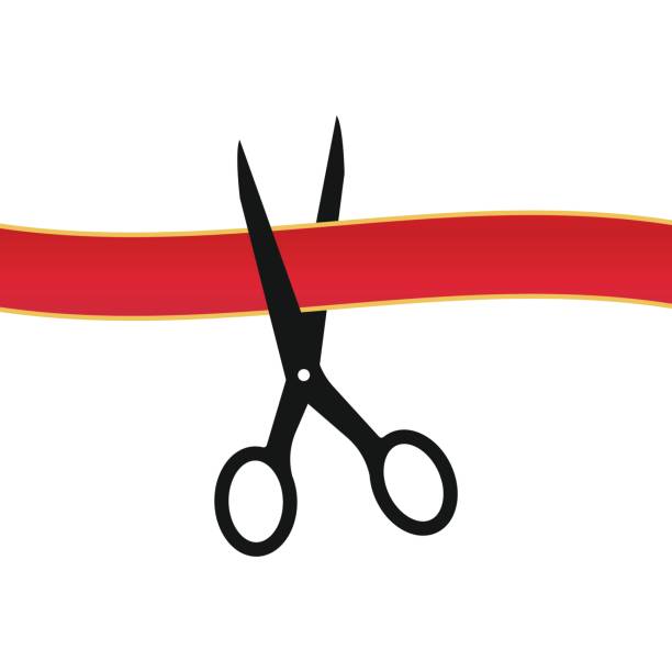 Scissors cutting red ribbon white background. Vector illustration. vector art illustration