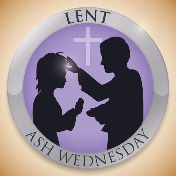 ilustrações de stock, clip art, desenhos animados e ícones de round button with priest and parishioner silhouettes for ash wednesday - quarta feira de cinzas