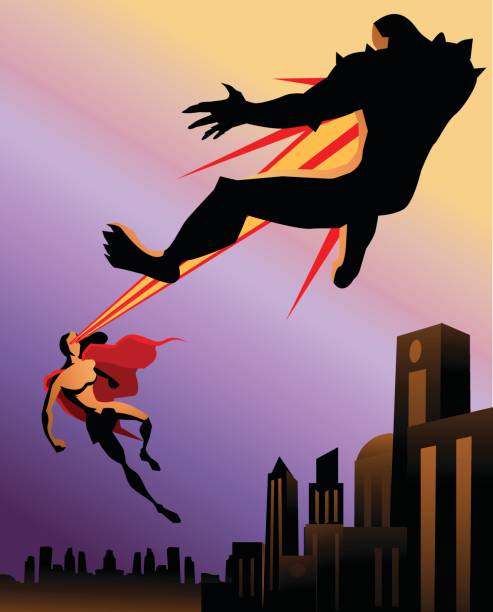 kobieta superhero firing heat vision do potwora - superhero comic book cityscape flying stock illustrations