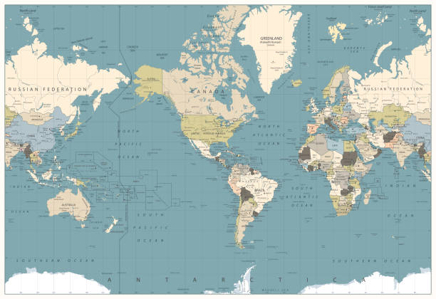 ilustraciones, imágenes clip art, dibujos animados e iconos de stock de mundo mapa vieja colores ilustración con redondo planos iconos y globos. mapa del mundo centrada en américa - asia jigsaw puzzle map cartography