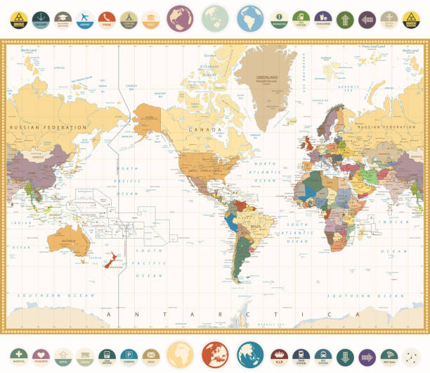 ilustraciones, imágenes clip art, dibujos animados e iconos de stock de estados unidos centrada en el mapa del mundo con iconos planos y globos. colores vintage - central america illustrations