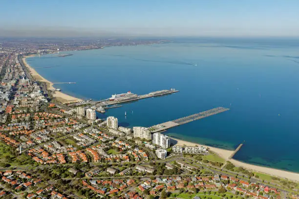 Aerial view over Port Melbourne, Victoria, Australia towards Port Phillip Bay